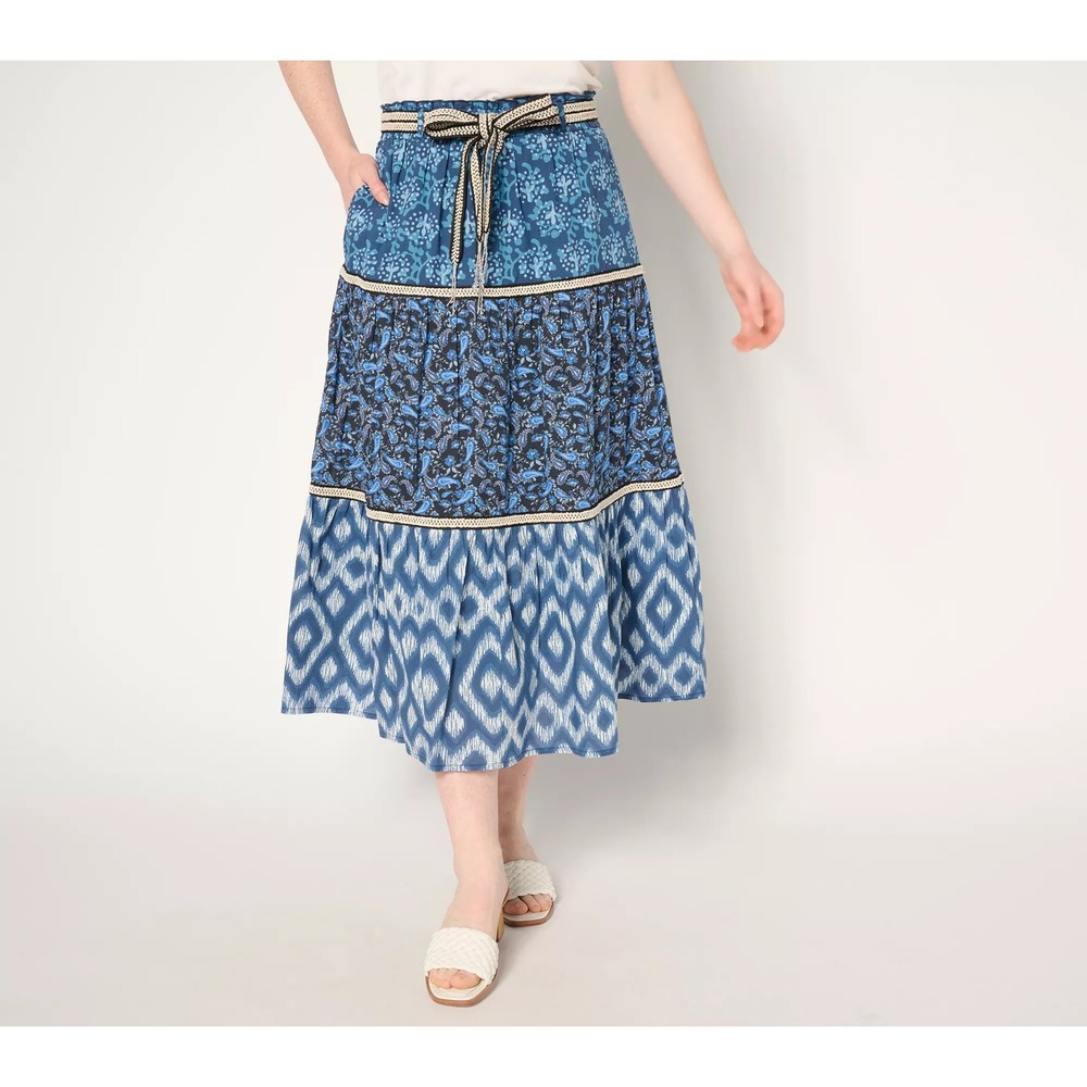 Susan Graver Pure Blue Tiered Boho Print Midi Skirt Elastic Waist Size 1XP